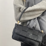 Woven Faux Leather Shoulder Bag in Black