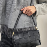 Woven Faux Leather Shoulder Bag in Black