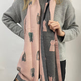 Cat Printed Scarf in Pink & Grey - Wool Blend