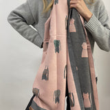 Cat Printed Scarf in Pink & Grey - Wool Blend