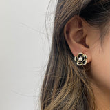 Black Flower Pearl Earrings in Gold