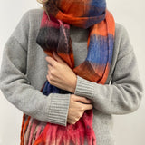 Soft Chunky Checked Scarf with Tassels in Blue Berry
