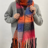 Soft Chunky Checked Scarf with Tassels in Blue Berry