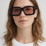 Oversized Square Frame Sunglasses In Black with Orange Lenses - svnx