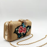 Floral Embroidered Straw Clutch Bag with Gold Hand Design Clasp