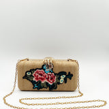 Floral Embroidered Straw Clutch Bag with Gold Hand Design Clasp