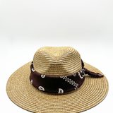 ELAINE Straw fedora hat with bandana printed band in natural and dark oak