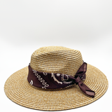 ELAINE Straw fedora hat with bandana printed band in natural and dark oak