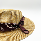 ELAINE Straw fedora hat with bandana printed band in natural and dark oak