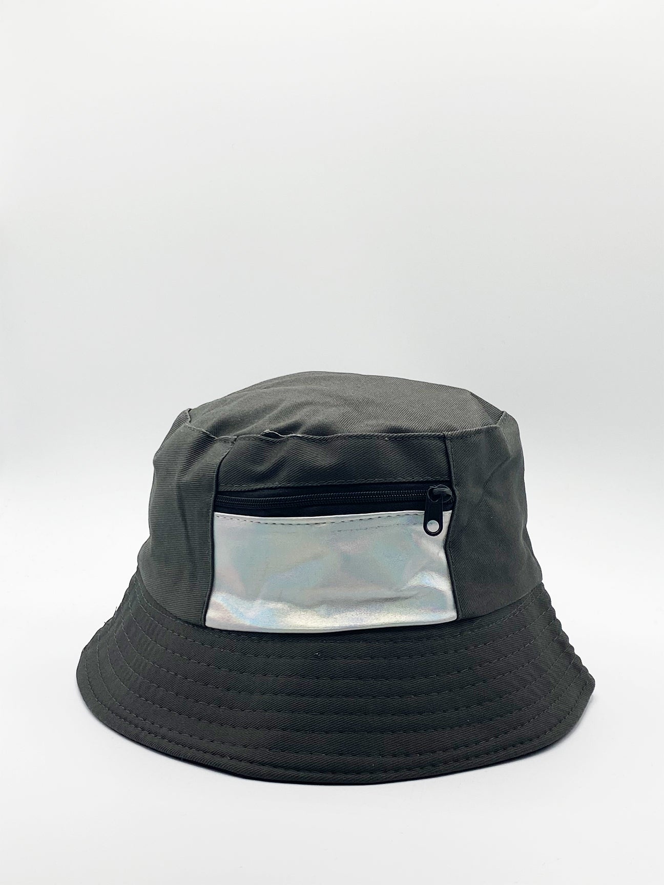 Khaki Tonal Colored Bucket Hat With Iridescent Pocket Detail - svnx