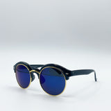 Black Round Sunglasses with Blue Revo Lenses and Gold Detail