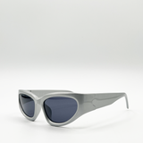 Silver racer style sunglasses with black lenses