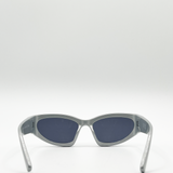 Silver racer style sunglasses with black lenses