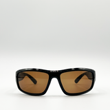 Black racer style sunglasses with brown lenses