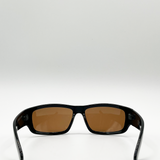 Black racer style sunglasses with brown lenses
