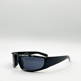 Shiny black racer style sunglasses with black lenses