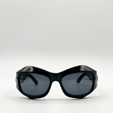 Shiny black exaggerated brow sunglasses with black lenses