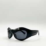 Shiny black exaggerated brow sunglasses with black lenses