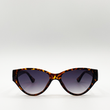 Tortoiseshell cat eye sunglasses with smoke graded lenses