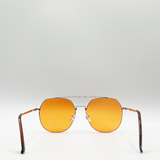 Gold rounded aviator style sunglasses with orange lenses