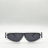 Clear frame oversized racer style sunglasses with black lenses