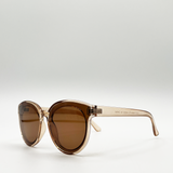 Crystal frame plastic round sunglasses with brown lenses