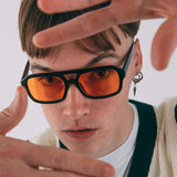 70's Navigator Sunglasses In Black With Orange Lenses - svnx